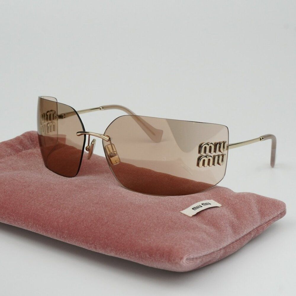 NEW Miu Miu MU54YS ZVN20F Gold Pink Mirror Wraparound Rimless Women Sunglasses